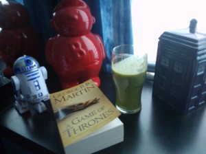 relaxing with a smoothie and a book